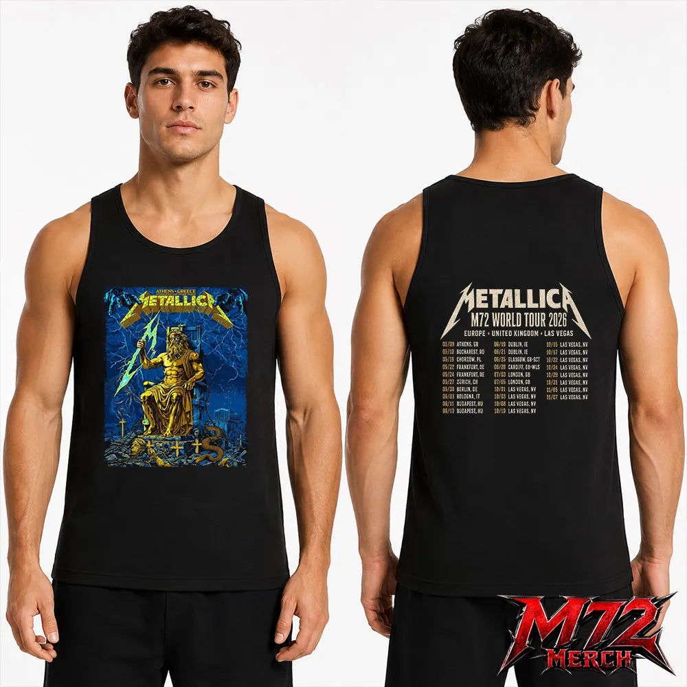 Metallica World Tour M72 May 9 2026 Athens Greece Olympic Stadium Creeping Death Setlist Zeus Thunder Two Sided Tank Top